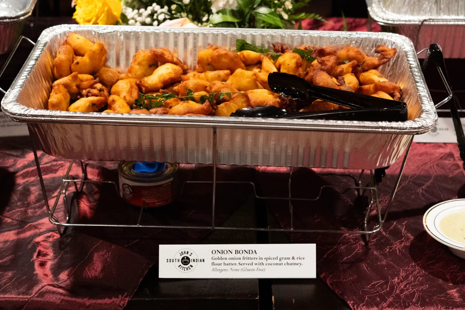 John's South Indian Kitchen onion bonda chafing dish warm